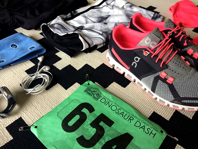 My standard running wardrobe consists of bandanas, smoke-covered running tights, raggedy tees, and On running shoes.