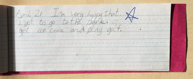 I'm very happy that I got to go to the park, get ice cream, and play golf."